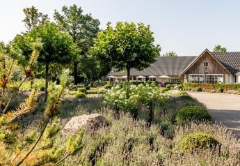 Foto di un alloggio glamping con struttura moderna, giardino curato, alberi verdi e cespugli ordinati.