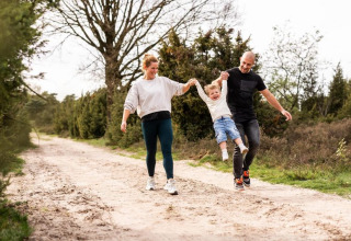 Familia paseando por un sendero forestal, padres balancean a su hijo feliz durante estancia en glamping.