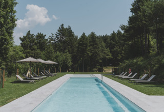 Buitenbad met ligstoelen en parasols omgeven door bos bij Wecamp Pedraforca in Catalonië.
