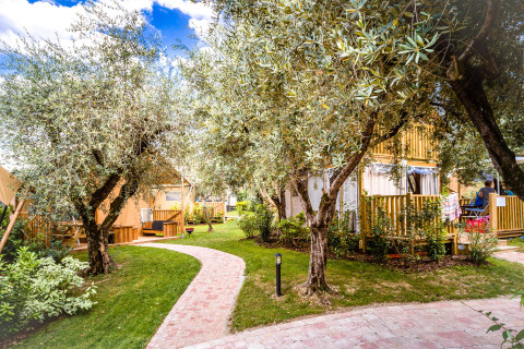 Weg durch einen grünen Ferienpark mit Bäumen und modernen Glamping-Hütten, Weekend Glamping Resort, Lombardei.