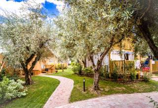 Path winding through trees and modern glamping cabins at Weekend Glamping Resort holiday park, Lombardy, Italy.