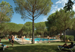 Ferieparkgæster slapper af ved en udendørs pool omgivet af fyrretræer i Wecamp L'Escala Punta Milà, Catalonien.