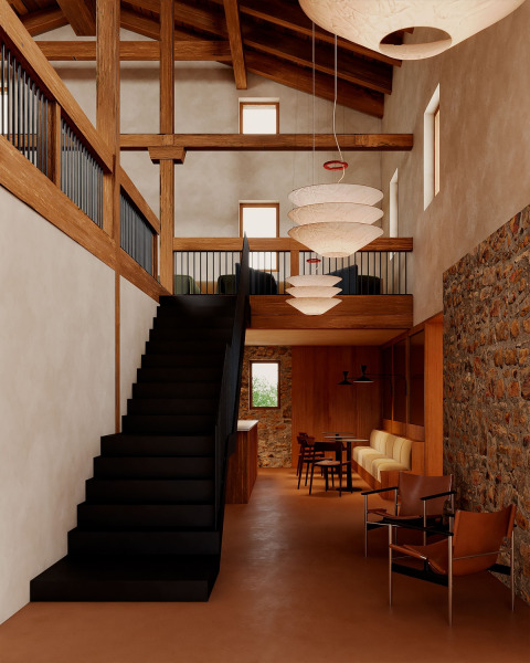 Modernes Interieur mit Holzbalken, Steinmauer und schwarzer Treppe in Wecamp San Sebastián, Baskenland.