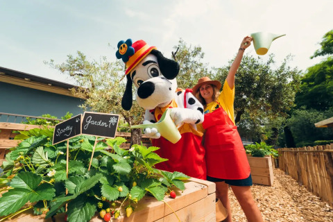 To personer, en i dalmatinerkostume, vander planter i Spotty Garden på Weekend Glamping Resort i Lombardiet.