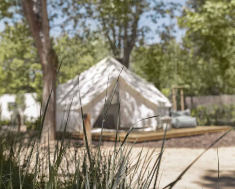 Blurry photo of a safari tent surrounded by trees and foreground grass on a sunny outdoor day.
