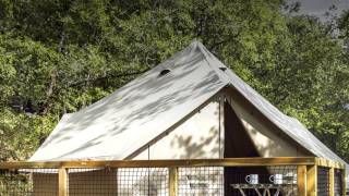Safari-Bell-Zelt im Wald mit Holzterrasse, Tisch und zwei Tassen, ideal für entspannten Natururlaub.