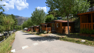 Vue du lodge Mobile Home Basic Family avec cabanes en bois, arbres verts et montagnes à l’arrière-plan.