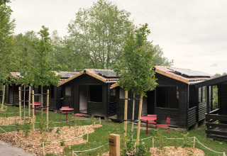 Row of small black bungalows with red chairs and young trees at Wecamp Cudillero in Spain, daytime photo.