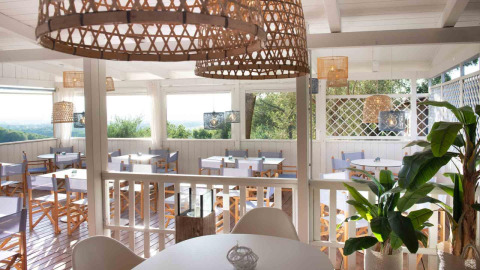 Espace de restauration lumineux avec mobilier en bois et plantes au Vallicella Glamping Resort, Toscane.