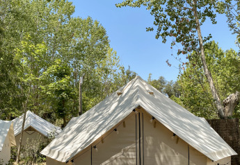 Safari-Zelt Bell Tent auf einem bewaldeten Campingplatz mit blauem Himmel und grünen Bäumen ringsum.