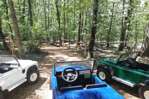 Jeeps de juguete para niños estacionados en el bosque del Chianti Glamping Resort, en la Toscana, Italia.