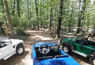 Børne-jeepbiler parkeret i en skov ved Chianti Glamping Resort, Toscana, Italien, klar til sjov kørsel.