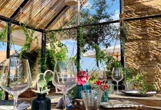 Tavolo apparecchiato con bicchieri da vino e piante sotto tetto in vetro al Chianti Glamping Resort, Toscana.