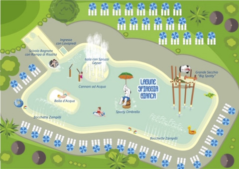 Mappa del parco acquatico al Chianti Glamping Resort in Toscana con piscine, scivoli e zone relax.