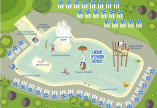 Plan du parc aquatique du Chianti Glamping Resort en Toscane avec piscines, toboggans et chaises longues.