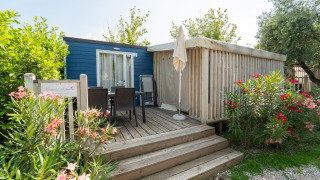Outdoor terrace with seating and umbrella in front of Cottage Clever lodge, surrounded by lush plants.