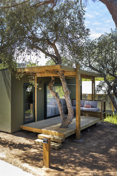 Een mobiel huis met houten terras en ingebouwde boom bij Wecamp Santa Cristina in Spanje, omgeven door natuur.