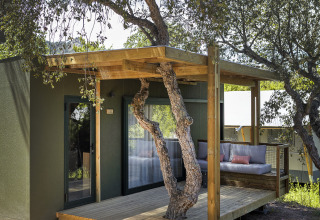 Een mobiel huis met houten terras en ingebouwde boom bij Wecamp Santa Cristina in Spanje, omgeven door natuur.