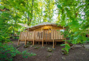 Safari Lodge Tent Deluxe nella foresta, con terrazza di legno, circondata da alberi verdi e luce solare.