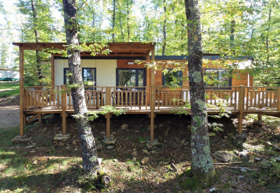 Casa piccola chiamata Cottage Next L con terrazza in legno, immersa in una foresta verde tra gli alberi.
