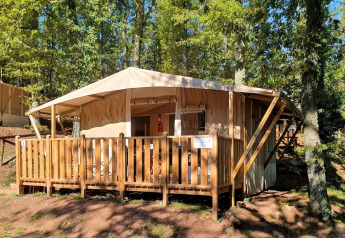 Tienda lodge deluxe con terraza de madera, rodeada de árboles en un entorno soleado del bosque.