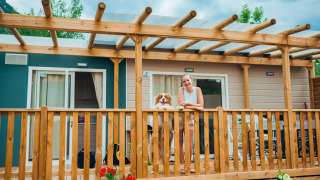 Vrouw en hond genieten samen op het houten terras voor het Next XL Superior Dog chalet met bloemen.