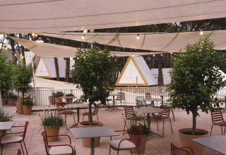 Buitencafé met tafels, stoelen en planten bij Wecamp Cala Montgó, een vakantiepark in Catalonië, Spanje.