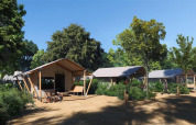 Tiendas safari en un campamento rodeadas de árboles, con personas descansando al aire libre.