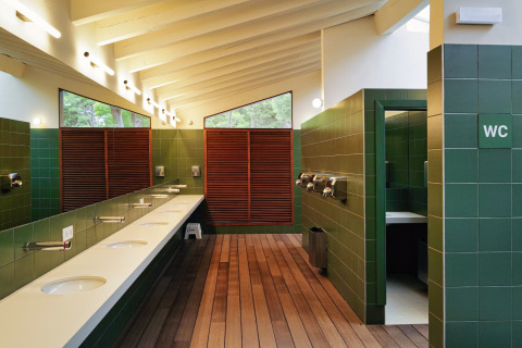 Bagno moderno da glamping con piastrelle verdi, pavimento in legno, lavabi multipli e luce naturale.