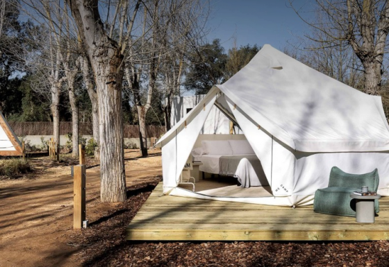 Luksuriøs Bell Tent safari-telt på træterrasse i en skov, indrettet med seng og udendørs siddeplads.