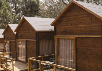 Bungalows de madera alineados con terraza privada y sillas al aire libre, rodeados de vegetación.