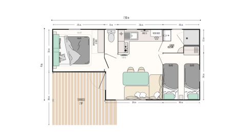 Plano de la cabaña Cottage Next XL Country en Trasimeno Glamping Resort, Italia, mostrando la distribución.