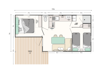 Plano de la cabaña Cottage Next XL Country en Trasimeno Glamping Resort, Italia, mostrando la distribución.