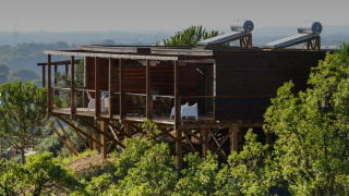 Bungalow «Family Wood» en Wecamp Reserva Alecrim, Portugal, cabaña de madera sobre pilotes con paneles solares.
