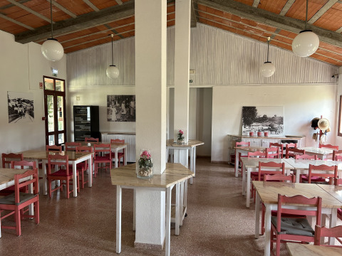 Sala da pranzo luminosa con sedie rosse al Wecamp Sao Miguel, villaggio vacanze in Alentejo, Portogallo.