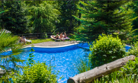 Piscina all'aperto con persone che si rilassano tra il verde al campeggio Bedura Park in Catalogna, Spagna.