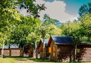 Bungalow in legno tra alberi verdi al Campsite Bedura Park, villaggio vacanze in Catalogna, Spagna.