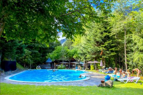 Outdoor swimming pool surrounded by lush trees and sun loungers at Bedura Park Campsite in Catalonia, Spain.