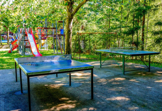 Parco giochi all'aperto con due tavoli da ping pong, scivoli e altalene in un ambiente verde.