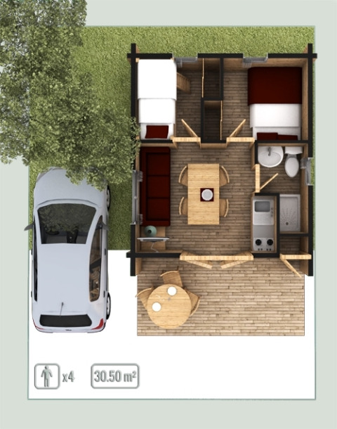 Fugleperspektiv af Bungalow Comfort hytteplan ved Campsite Bedura Park, Spanien, for 4 personer.
