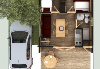 Fugleperspektiv af Bungalow Comfort hytteplan ved Campsite Bedura Park, Spanien, for 4 personer.