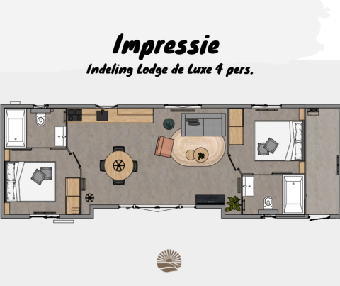 Plano de la Zonneweelde Lodge Deluxe para cuatro personas en Camping Zonneweelde, Países Bajos, con diseño moderno.