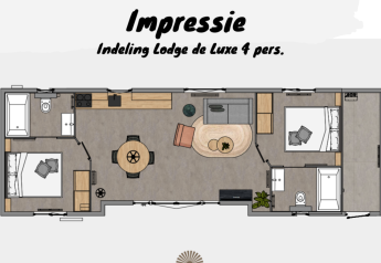 Plan de la Zonneweelde Lodge Deluxe pour quatre personnes au Camping Zonneweelde, Pays-Bas, à la décoration moderne.
