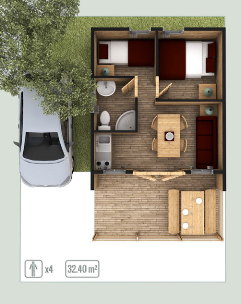 Floor plan of Bungalow “Zen” at Bedura Park, Spain, 32.4 m², sleeps 4, with terrace, 2 bedrooms, and a car.