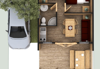 Floor plan of Bungalow “Zen” at Bedura Park, Spain, 32.4 m², sleeps 4, with terrace, 2 bedrooms, and a car.