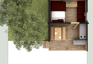 Top view of a small wood cabin at Bedura Park Campsite in Spain, fits three people, total area 15 m2.