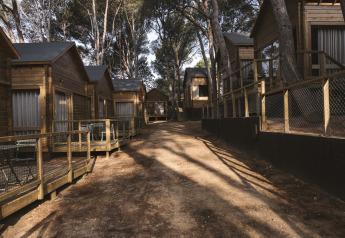 Casas pequeñas tipo bungaló en Wecamp Cala Montgó, España, rodeadas de árboles en un entorno natural.