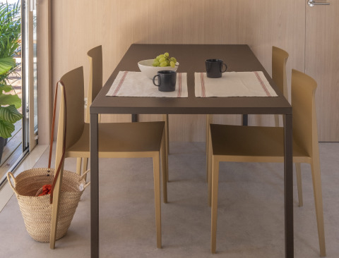 Eettafel in een tiny house met vier stoelen, twee tassen, een kom met druiven, placemats en een mand.