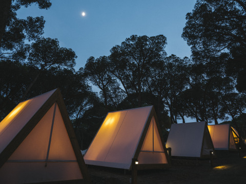 Tende safari triangolari illuminate al Wecamp Cala Montgó, Spagna, sotto la luna e circondate da alberi.