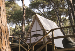 Tenda safari Cabin Tent al Wecamp Cala Montgó in Spagna, su piattaforma di legno tra pini.
